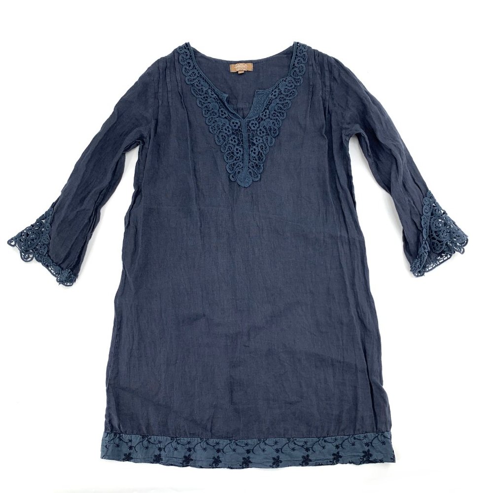 Women's Carla Conti Blue Boho Linen Dress XS Floral Embroidered Cotton